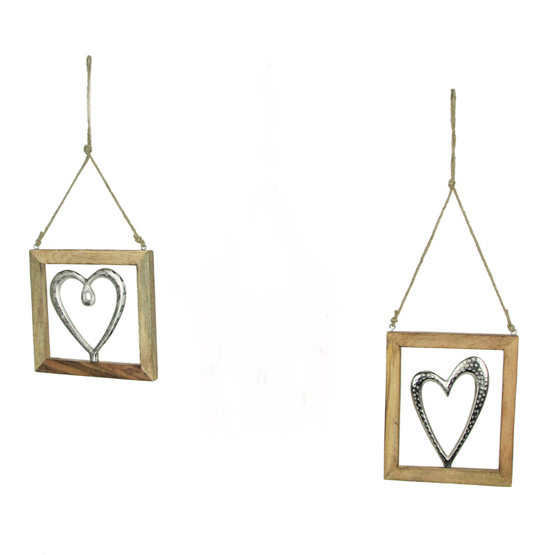 Set of 2 Wood Framed Open Work Metal Heart Wall Décor Hangings W/ Rope Hangers Main image
