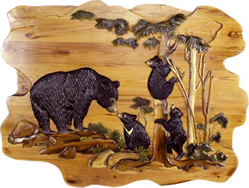 Bear Cubs in Forest Hand Crafted Intarsia Wood Art Wall Hanging 30 X 38 X 2.5 Main image