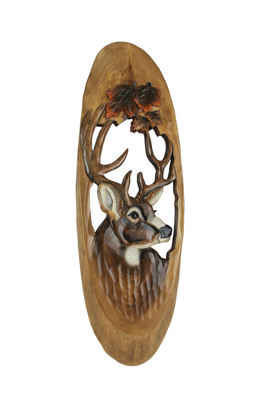 Natural Wood Hand Carved Deer Plaque Cabin Wall Art Lodge Home Decor Sculpture Main image