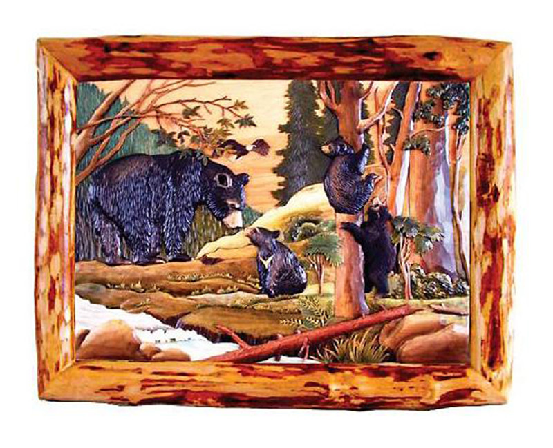 Bear & Cubs in Forest Hand Crafted Intarsia Wood Art Wall Hanging 38 X 30 X 4 Main image