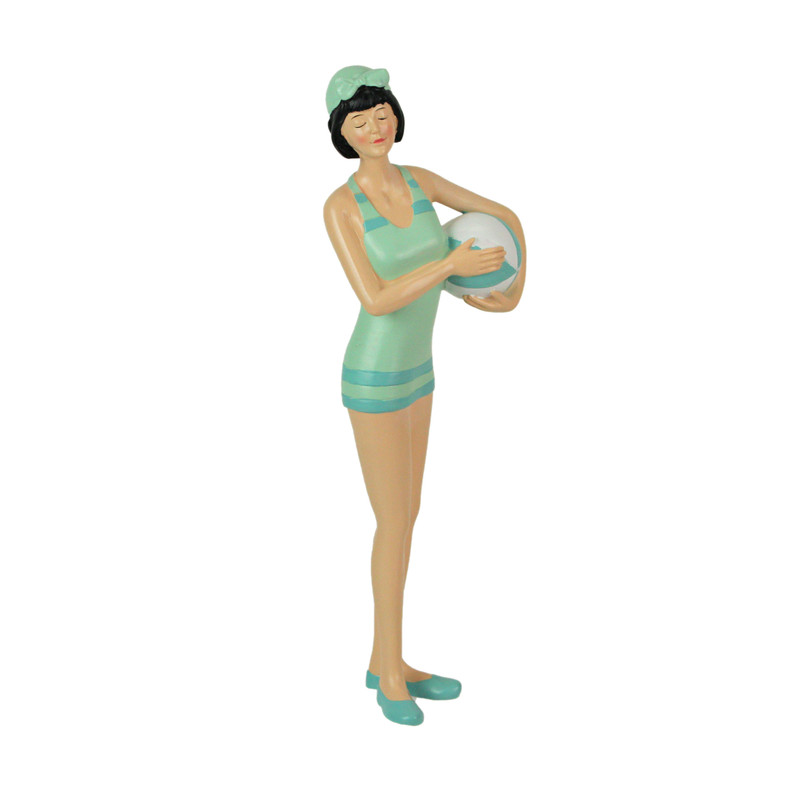Brunette Bathing Beauty Figurine – Hand-Painted Striped Swimsuit, Coastal Charm Main image