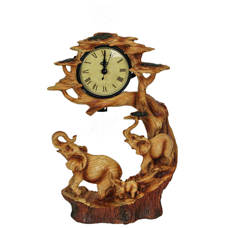 Elephant Family Safari Carved Wood Look Clock Figurine Main image Elephant Family Safari Carved Wood Look Clock Figurine Main image