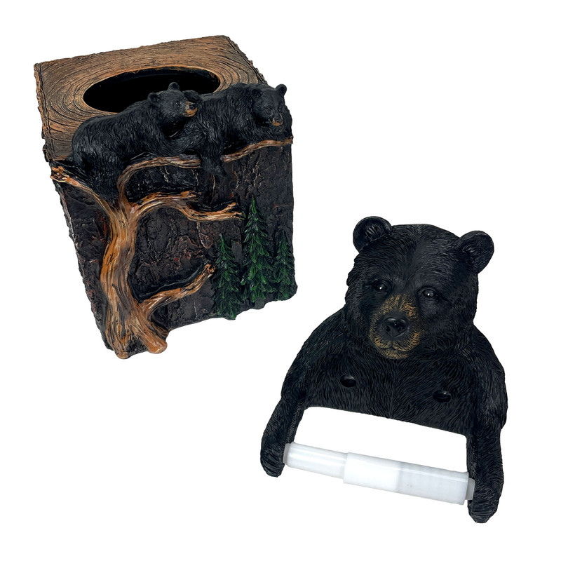 Set of 2 Bear Tissue Box Cover & Toilet Paper Holder, Resin, Rustic Lodge Main image