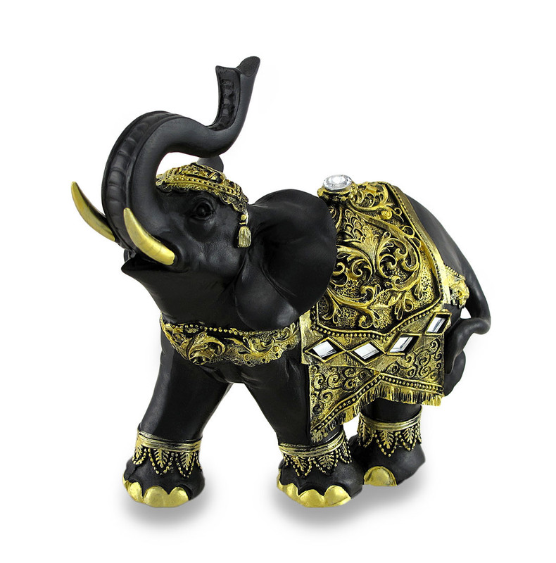 Exotic Black and Gold Finish Trunk Up Thai Elephant Statue Main image