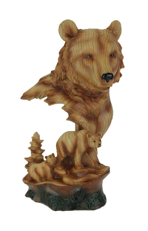 Faux Carved Bear Head and Family Wood Look Statue Main image