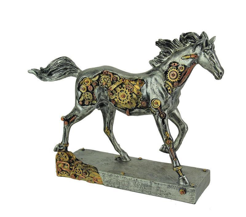 Steam Stallion Metallic Silver Running Steampunk Horse Statue Main image