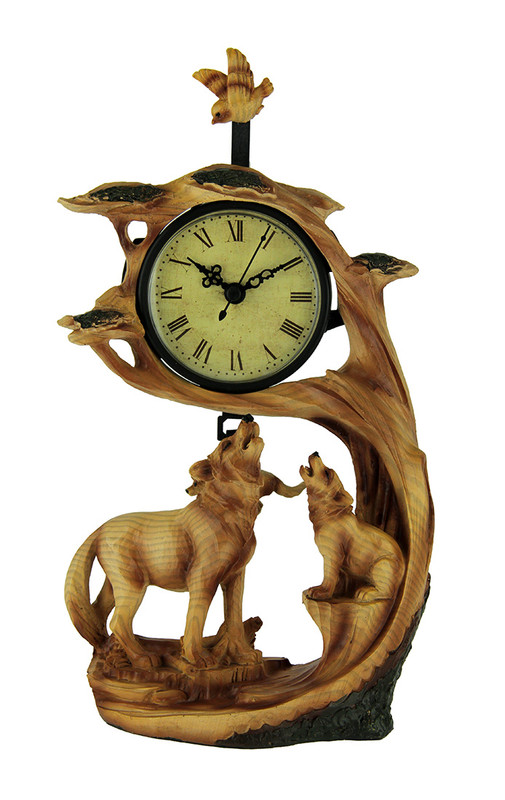 Wolf Family Safari Carved Wood Look Clock Figurine Main image