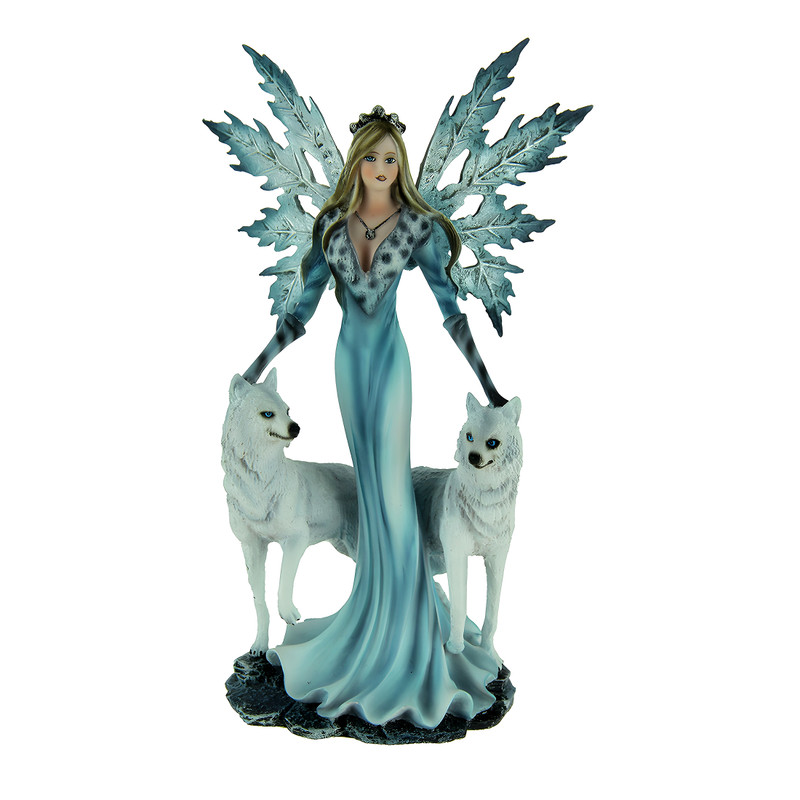 Blue Ice Fairy Standing With Winter White Wolves Statue Main image