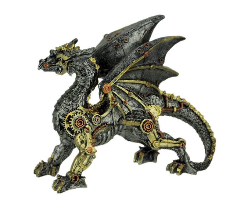 Metallic Silver and Gold Gothic Steampunk Dragon Statue Main image