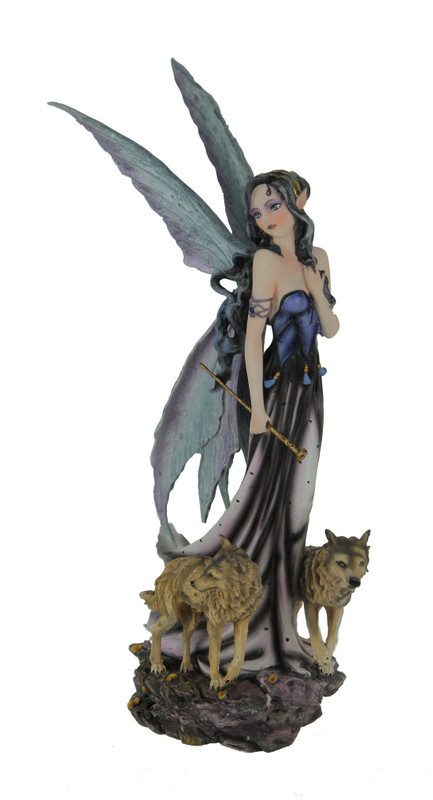 Blue Fairy In Long Dress Walking with Twin Wolves Statue Main image