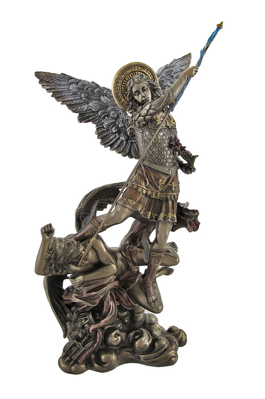 Bronze St. Michael Slaying Lucifer Statue with Colored Accents Main image