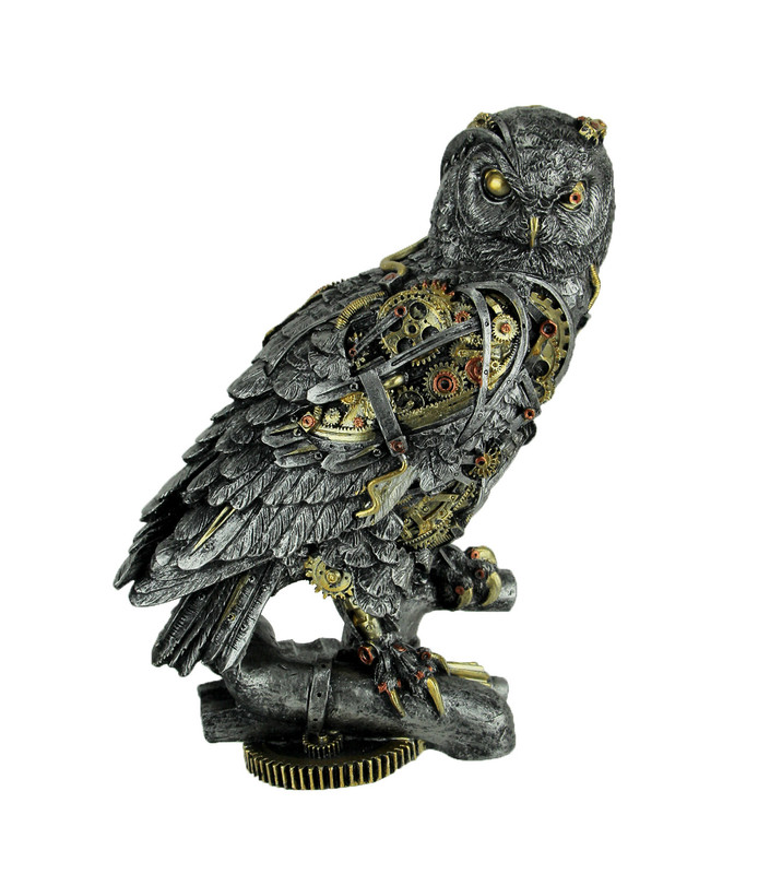 Metallic Silver and Gold Gothic Steampunk Owl Statue Main image