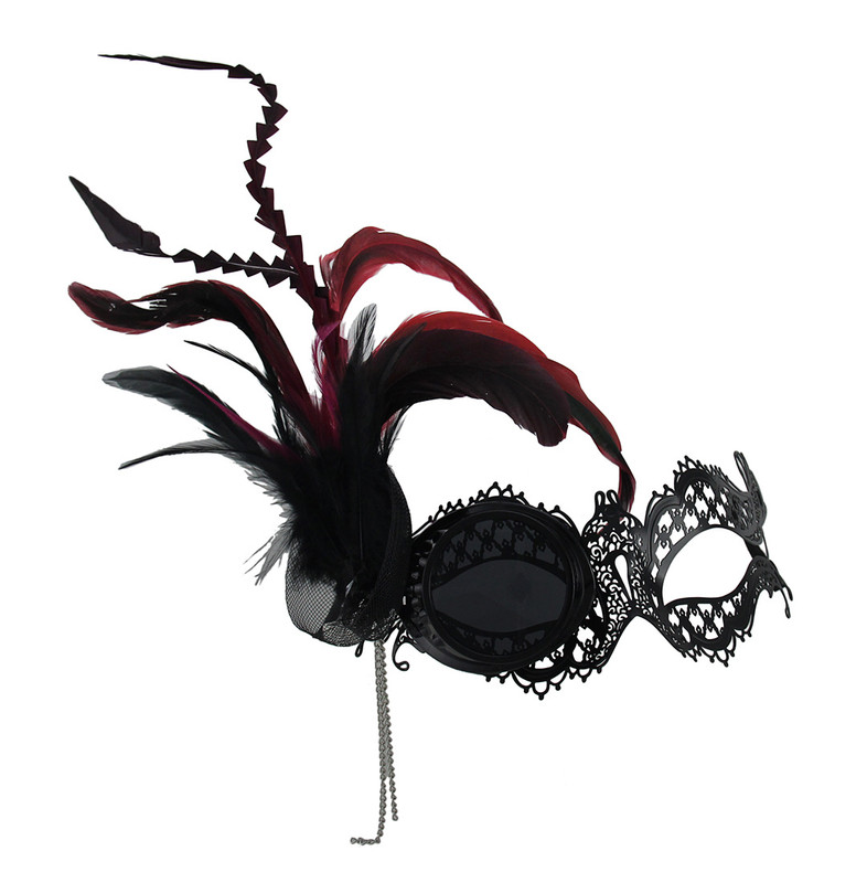 Steampunk Masquerade Metal Lace Monocle Eye Feather Mask w/Chain Main image