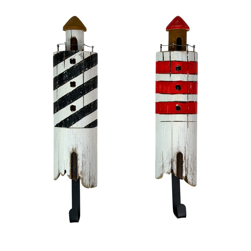 Set of 2 Handcrafted Wood Lighthouse Decorative Wall Hooks Coastal Decor Main image
