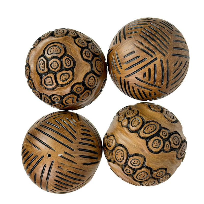 Set of 4 Brown Resin Decorative Orbs 4 in Distressed Geometric Sphere Decor Main image