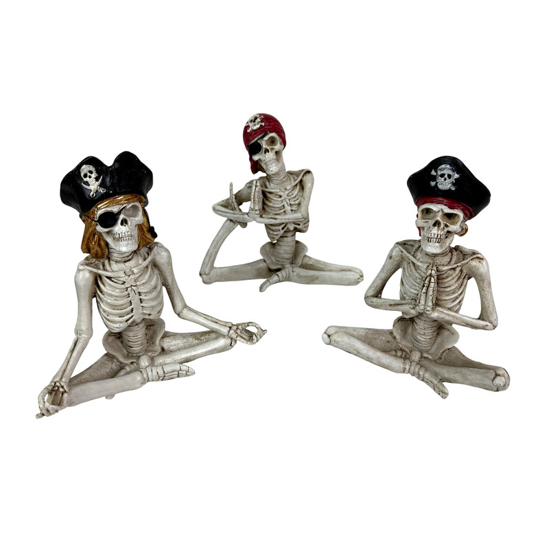 Set of 3 Pirate Skeleton Yoga Figurines 6 in Resin Weathered Table Decor Main image