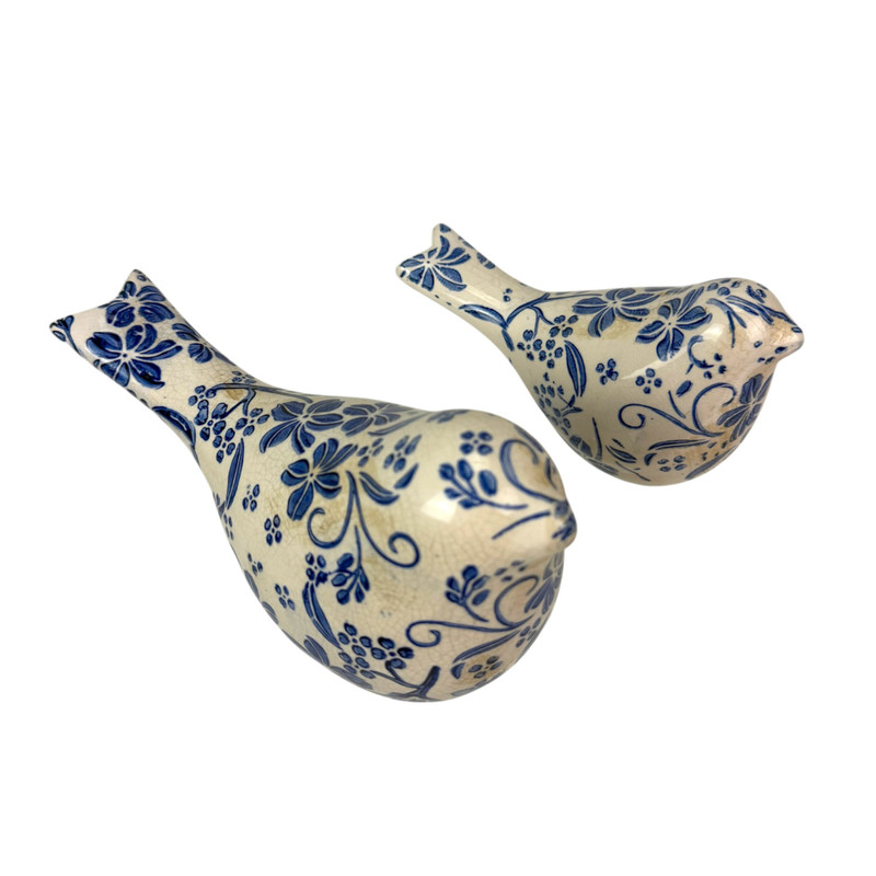 Blue White Ceramic Bird Figurine Set of 2 Delft Style 8.25 in Decor Main image