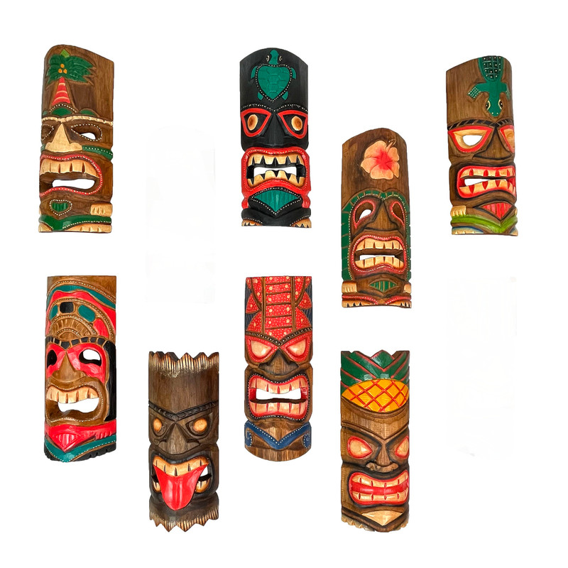 Set of 8 Hand Carved Tropical Island Style Tiki Masks 12 Inch Main image