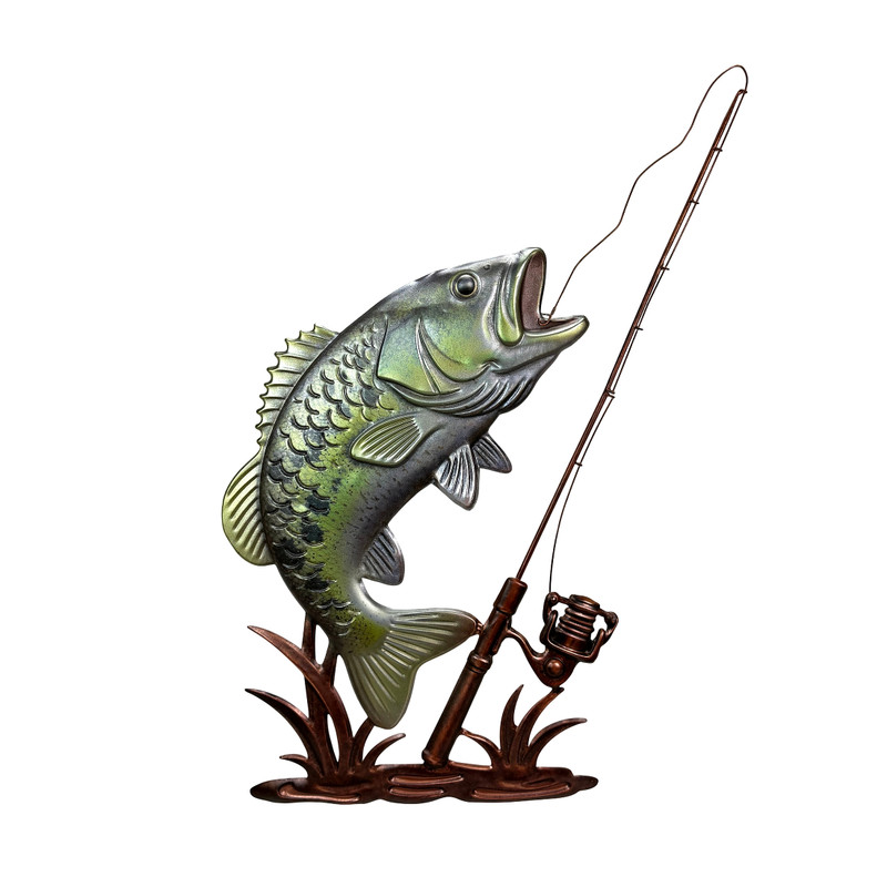 Fish Wall Sculpture Largemouth Bass Fishing Rod Metal 39.5 Inch Tall Main image