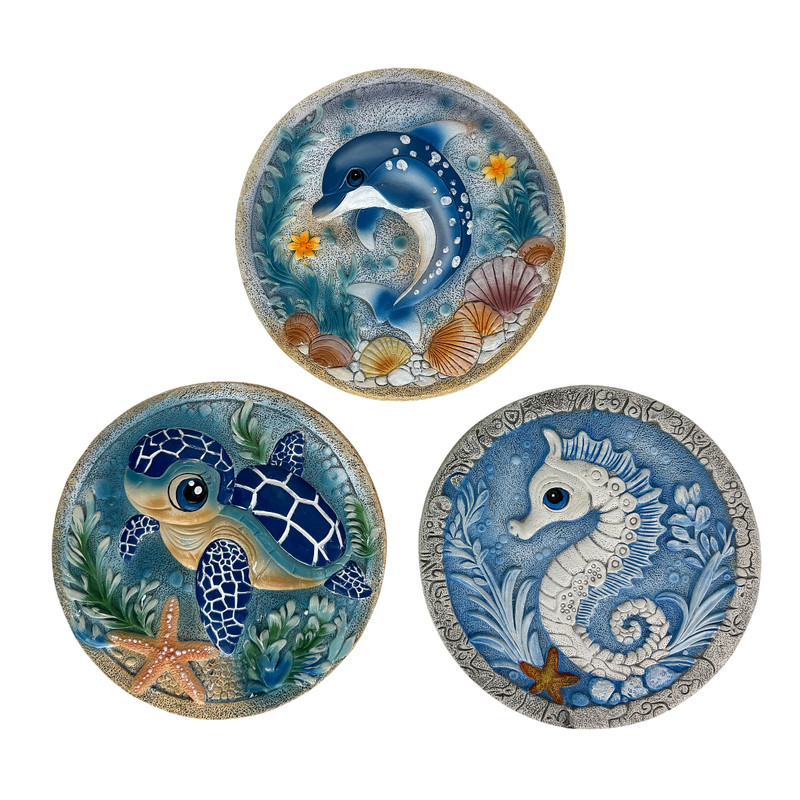 Sea Life Wall Plaques Set of 3 Round Coastal 10 in Blue Ocean Decor Main image