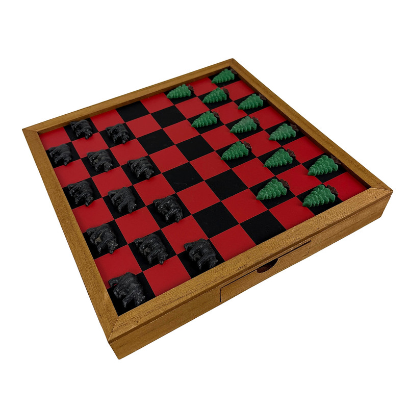Rustic Lodge Checkerboard Game Set Wood Board Bears Trees Storage Drawer Main image