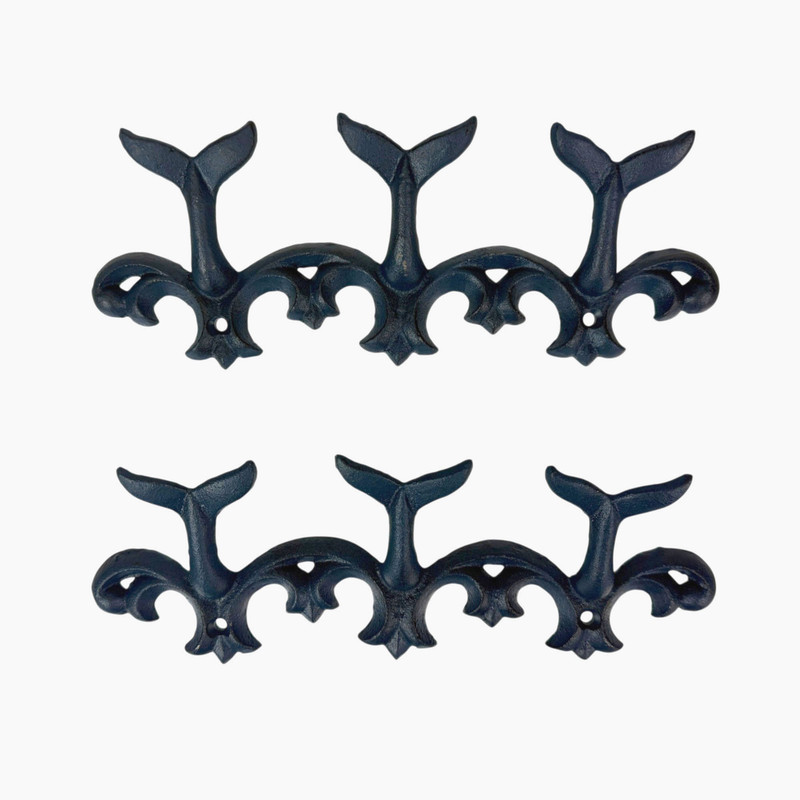 Set of 2 Whale Tail Wall Hooks Cast Iron Blue Coastal Triple Hook 10.5 In Main image