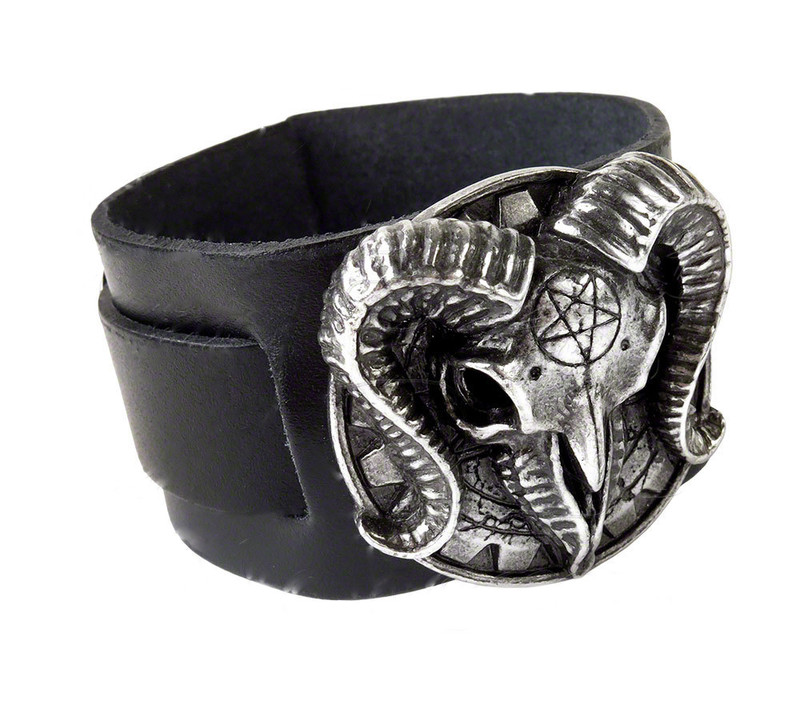 Alchemy Gothic Gears of Aiwass Pagan Goat Skull Leather Bracelet Main image
