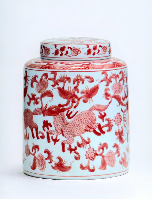 AAI 10" Ginger Jar, Chinoiserie Deer Design, Red and White Main image