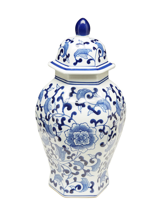 14 Inch Tall Blue And White Floral Hexagonal Ginger Jar Main image