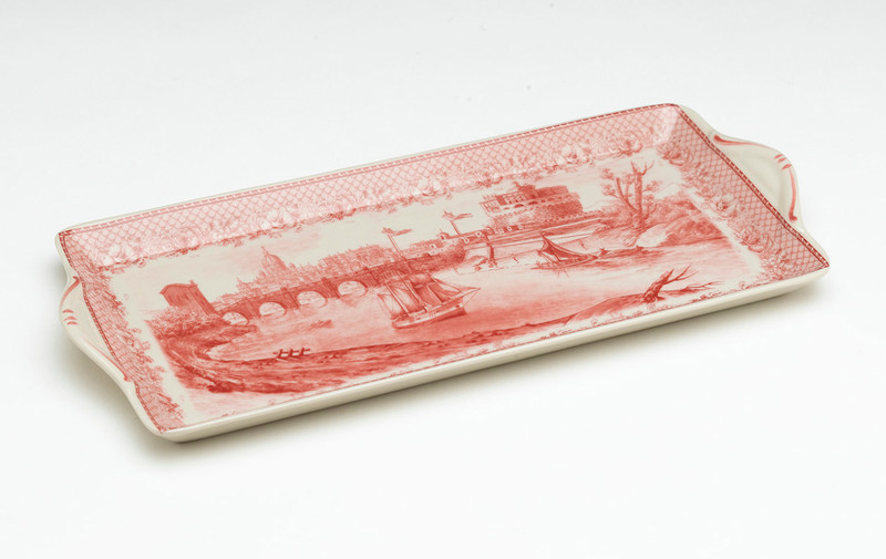 AAI Rectangular Porcelain Tray, Dark Pink and Cream River Scene Main image