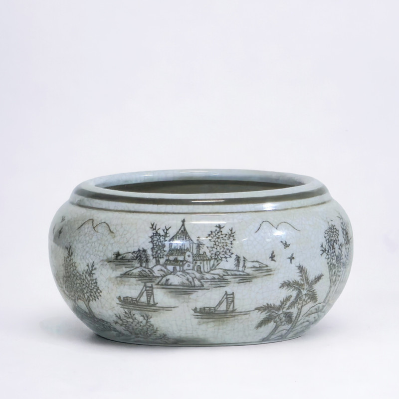 AAI Round Planter, Chinoiserie Scene, Brown Main image