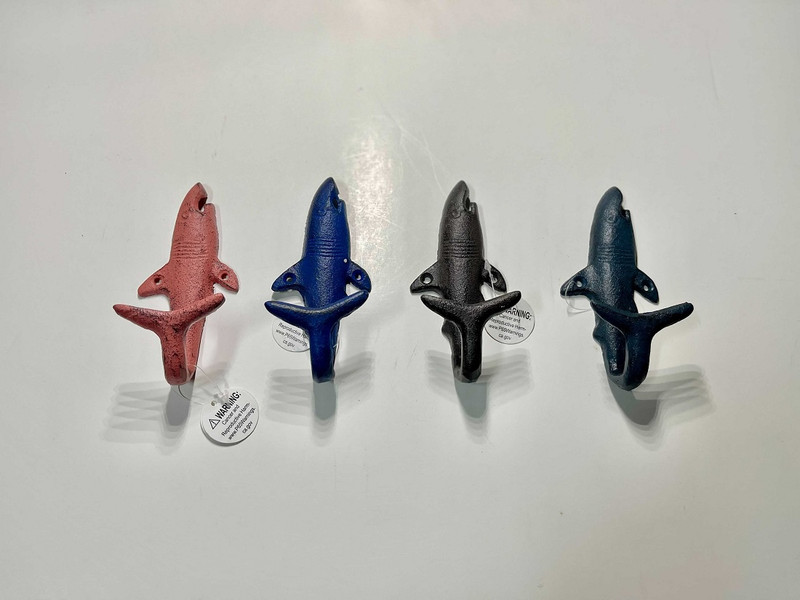Set of 4 Cast Iron Shark Tail Wall Hooks Nautical Beach Decor Main image