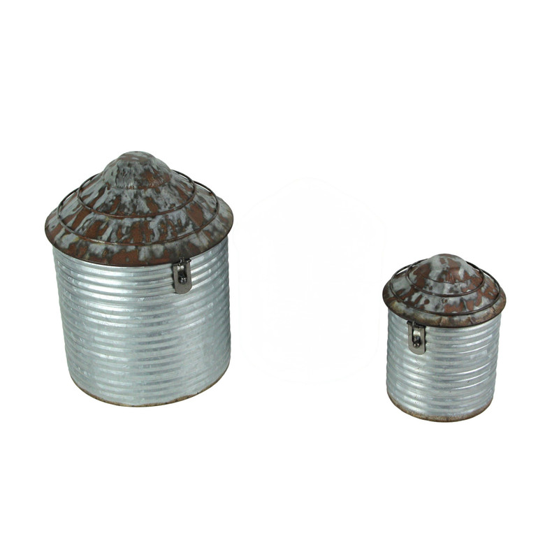 Farmhouse Style Galvanized Zinc Finish Decorative Tin Silo Canister Set of 2 Main image