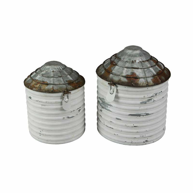 Vintage White Finish Galvanized Decorative Tin Silo Canister Set of 2 Main image