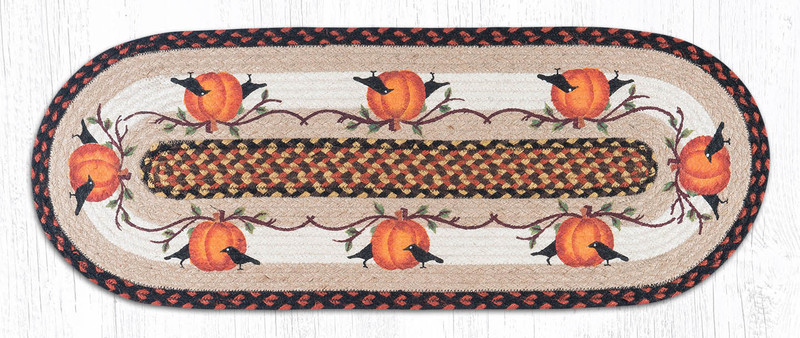 Earth Rugs OP-222 Pumpkin Crow Oval Patch Runner 13" x 36" Main image