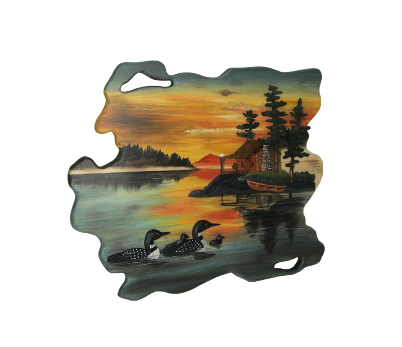 Loon Family Lake Cabin Sunset Hand Carved Natural Wood Wall Art Home Lodge Decor Main image