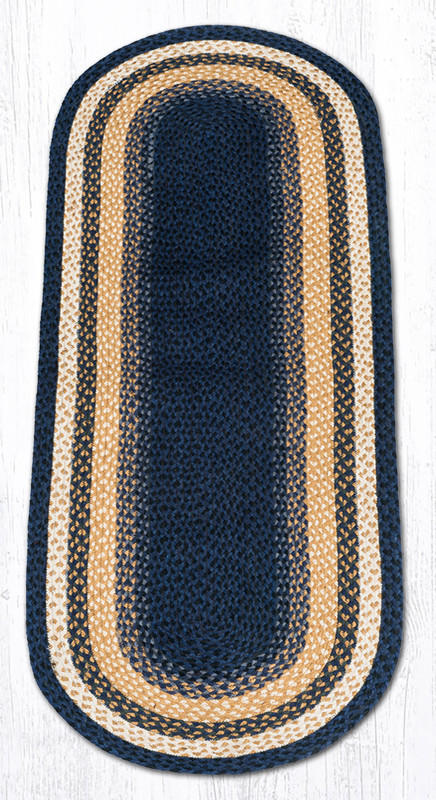Earth Rugs C-79 Lt. Blue / Dark Blue / Mustard Oval Braided Rug 2 Feet X 6 Feet Main image