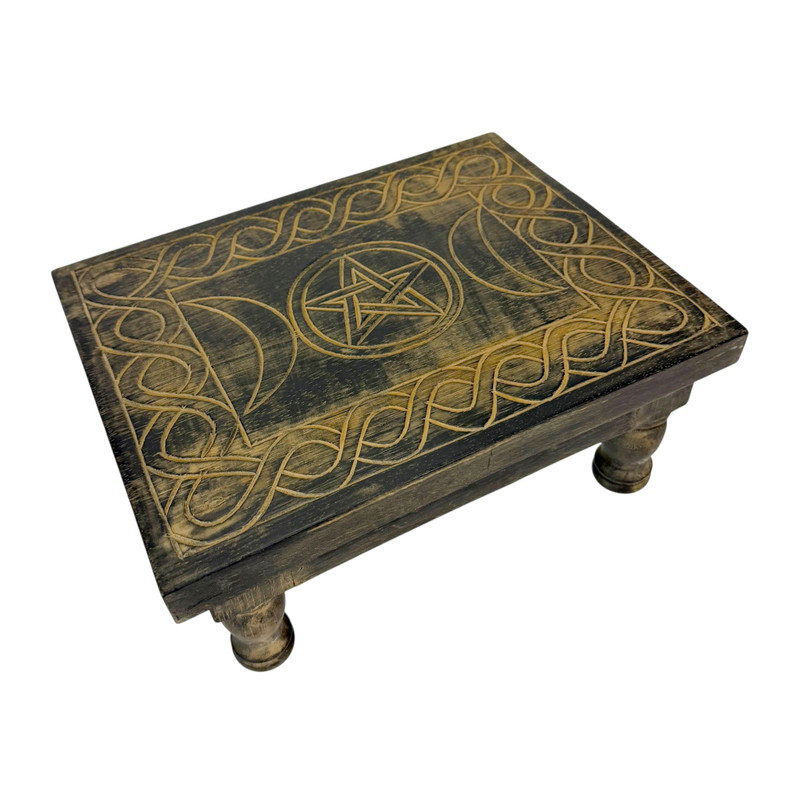 Wooden Altar Table Distressed Carved Pentagram Celtic Knotwork Decor Main image