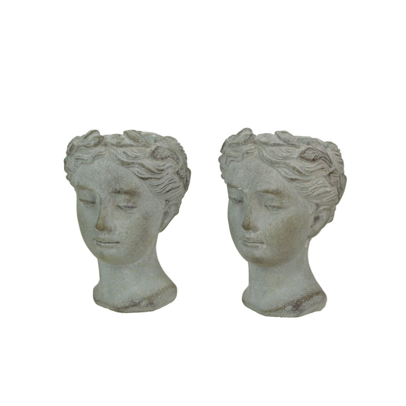 Set of 2 Weathered Gray Greek Lady Statue Wall Mount Cement Head Planter 6 Inch Main image