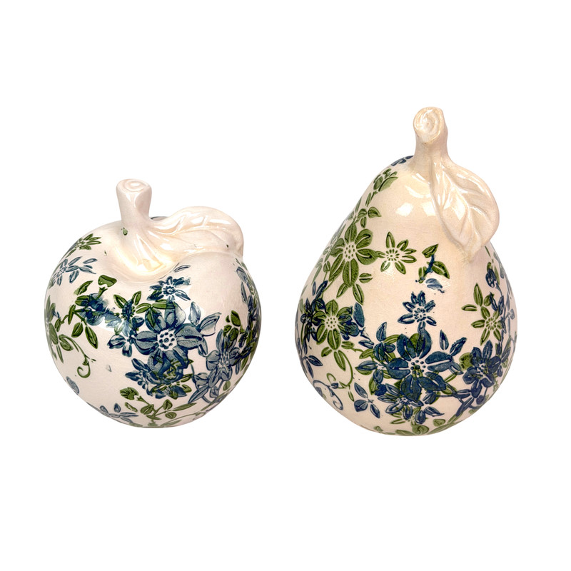 Blue Green Floral Ceramic Fruit Figurines Apple and Pear Set 6.25 Inch Main image