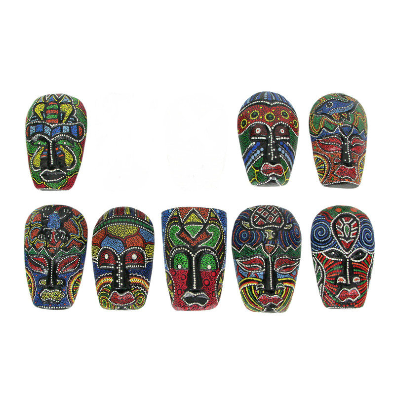 Set of 8 Tribal Mask Wall Sculptures, 5 Inch Hand-Carved Wood Main image