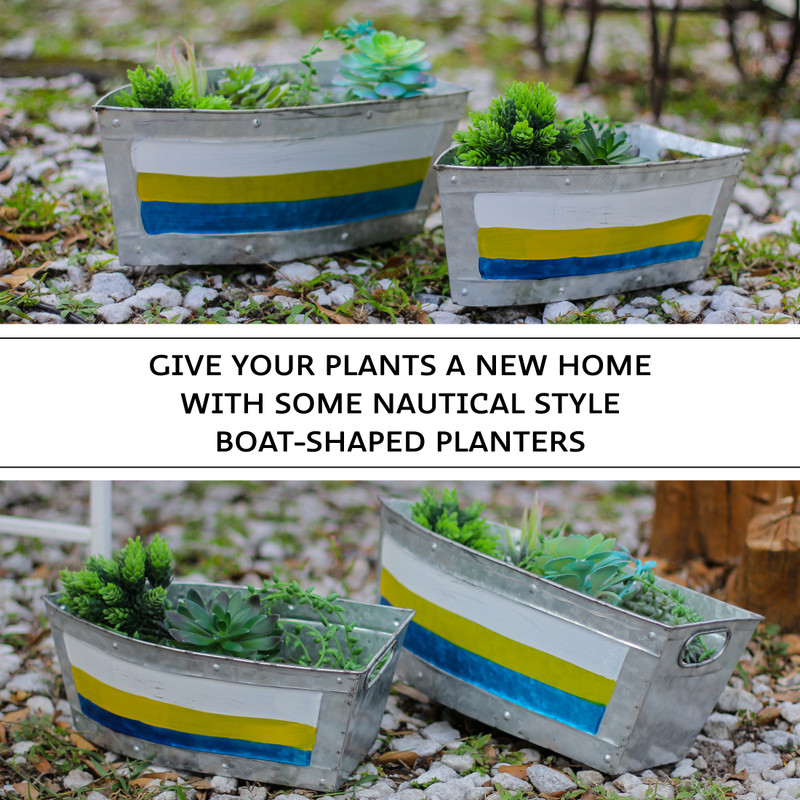 Set of 2 Galvanized Metal Boat Planter Flower Tub Indoor Outdoor Plant Pot Main image
