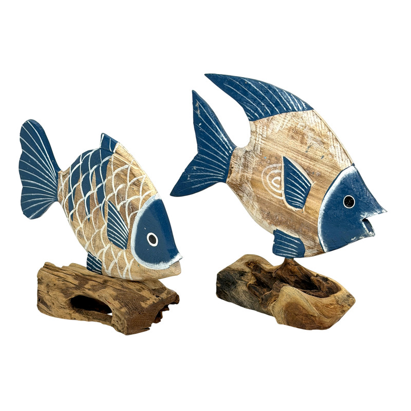 Set of 2 Tropical Fish Figurines Blue Wood Driftwood Bases 10.5 In Main image