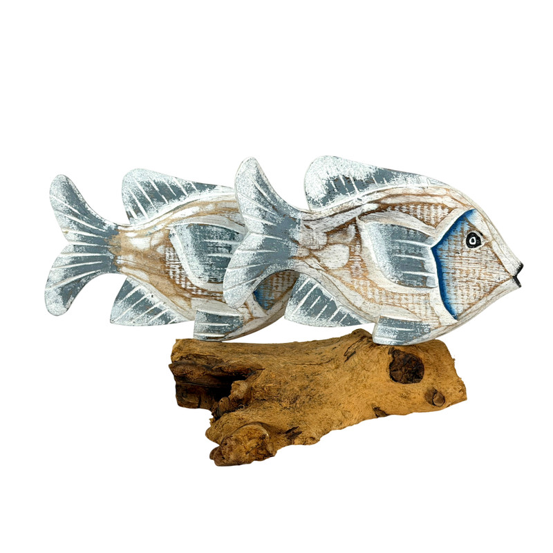 Hand-Carved Wood Fish Statue Coastal Driftwood-Style Base 11 Inch White Main image