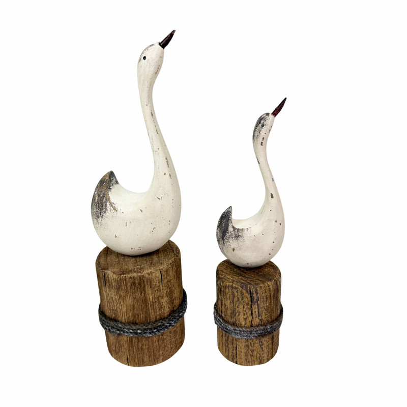 Distressed White Wood Swan Statues Set of 2 Nautical Dock Piling Shelf Decor Main image