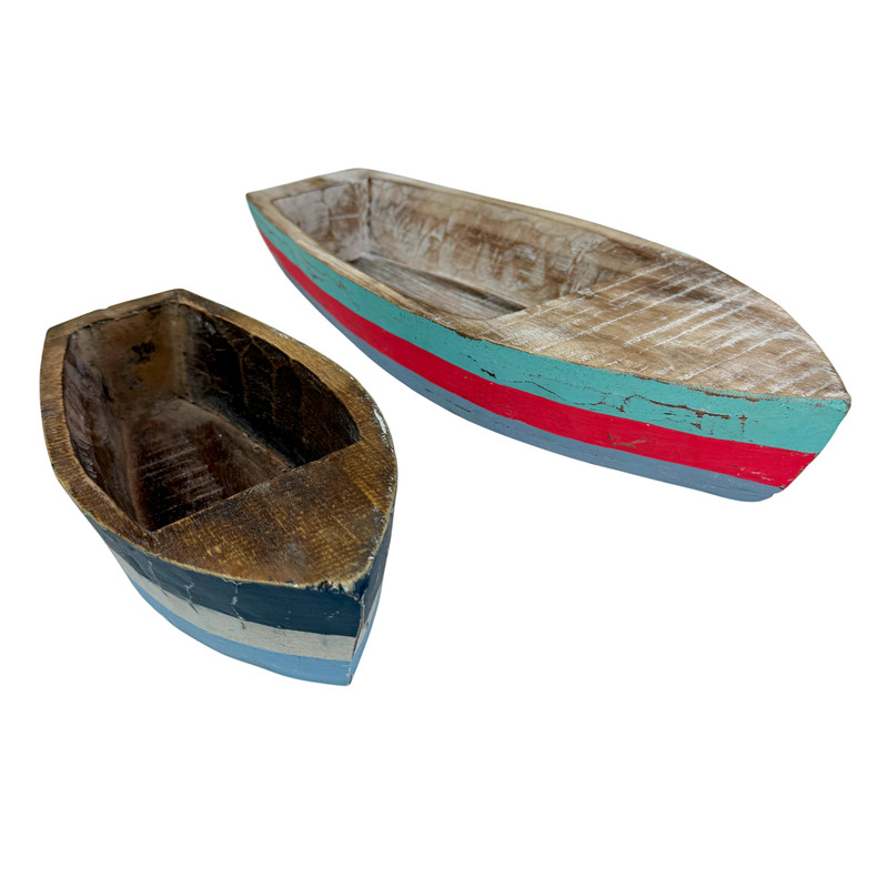 Nautical Wood Boat Tray Set of 2 Distressed Striped Coastal Table Decor Main image