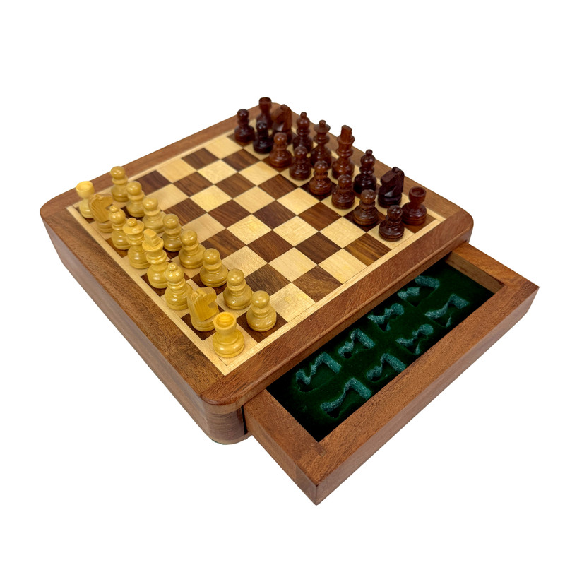 Magnetic Acacia Wood Chess Set with Storage Drawer 7 Inch Tabletop Game Main image