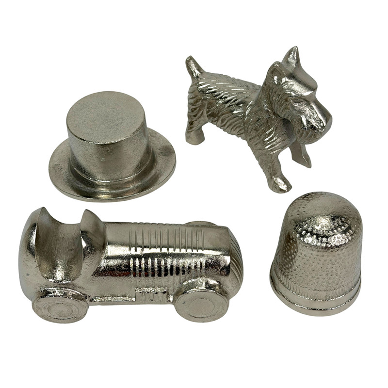4 Piece Silver Aluminum Board Game Token Figurine Set Car Dog Top Hat Thimble Main image