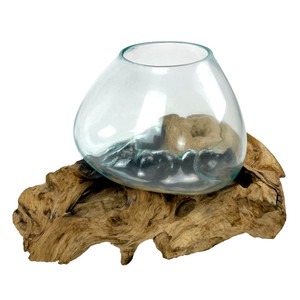 XL Clear Molten Glass On Teak Driftwood Base Decorative Bowl Vase Terrarium Planter Main image