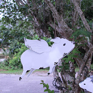 Antique White Finish Metal Flying Pig Hanging Planter - 14 Inches Long Main image